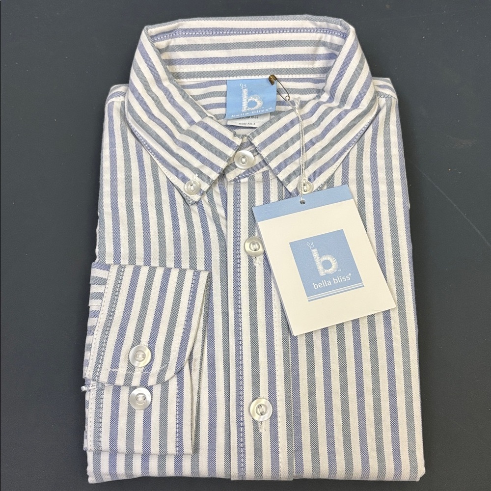 Sz 12 Bella Bliss Boy's Blue Striped Shirt button up long sleeve 100% cotton